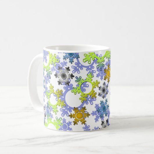 白地にカラフルな切り絵の雪の結晶 コーヒーマグカップ (正面左)