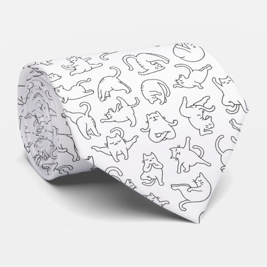 白地にキュートなヨガペットの猫柄 ネクタイ (ロール)