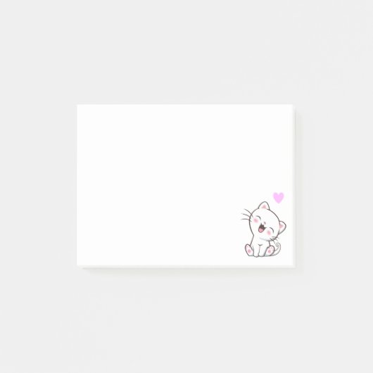 白地にキュートな猫とハート ポストイット (正面)