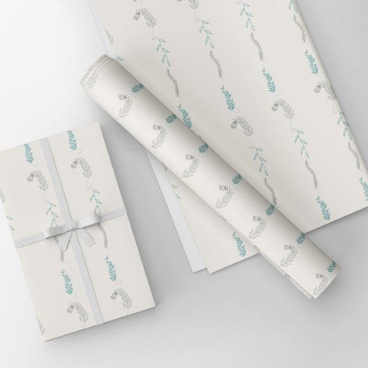 白地にグレーとターコイズブルーの花の落書き。 ラッピングペーパーシート