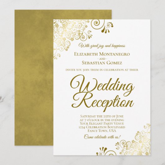 白地にゴールドのフレリル エレガントな結婚式の披露宴 招待状 (正面/裏面)