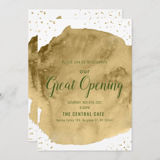 白地にゴールドの水彩筆跡のオープニング 招待状 (正面/裏面)
