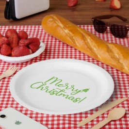 白地にシンプルな緑のMerry Christmasテキスト ペーパープレート