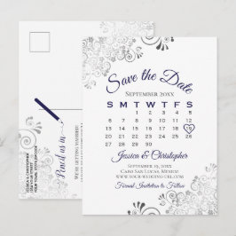 白地にネイビーブルーの結婚式Save the Dateカレンダー 案内ポストカード
