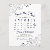 白地にネイビーブルーの結婚式Save the Dateカレンダー 案内ポストカード (正面)