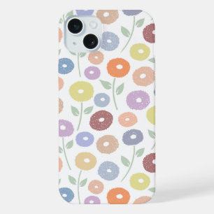 白地にパステルカラーのもふもふお花の繰り返しパターン iPhone 15 PLUSケース