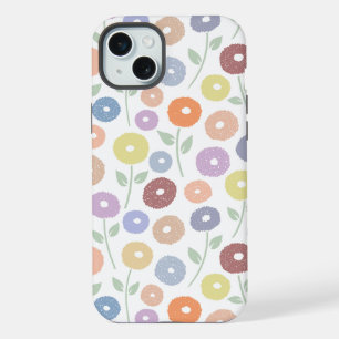 白地にパステルカラーのもふもふ花リピートパターン iPhone 15 PLUSケース