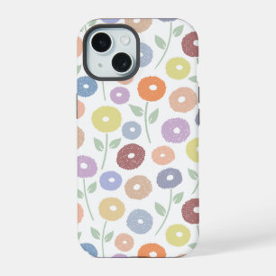 白地にパステルカラーのもふもふ花リピートパターン iPhone 15ケース