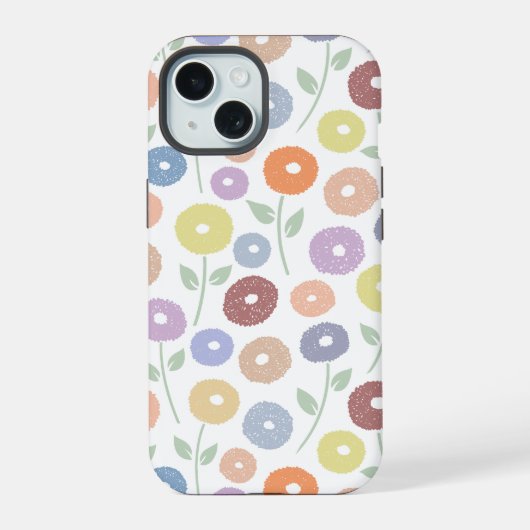 白地にパステルカラーのもふもふ花リピートパターン iPhone 15ケース (裏面)