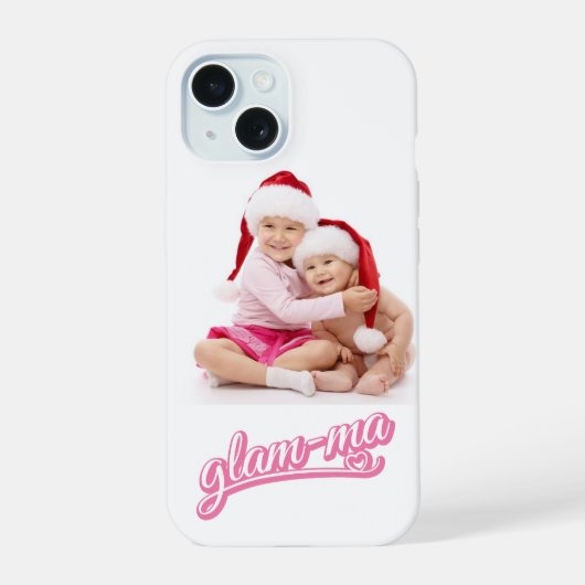 白地にピンクと白のPhoto Glamma iPhone 15ケース (裏面)
