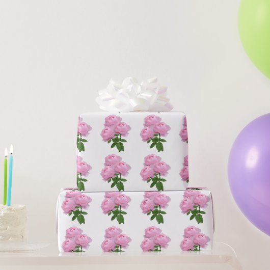 白地にピンクのバラの花束の花柄 ラッピングペーパー (パーティーギフト)