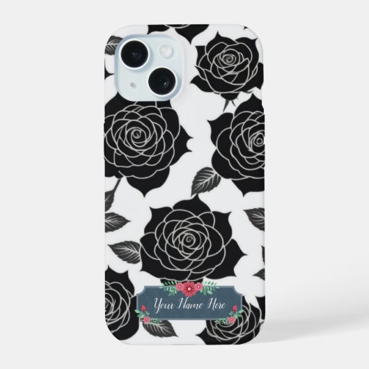 白地にブラックローズの花柄 iPhone 15ケース (裏面)