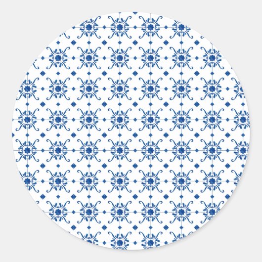 白地にブルーの花柄が繰り返される円形のステッカー ラウンドシール (正面)