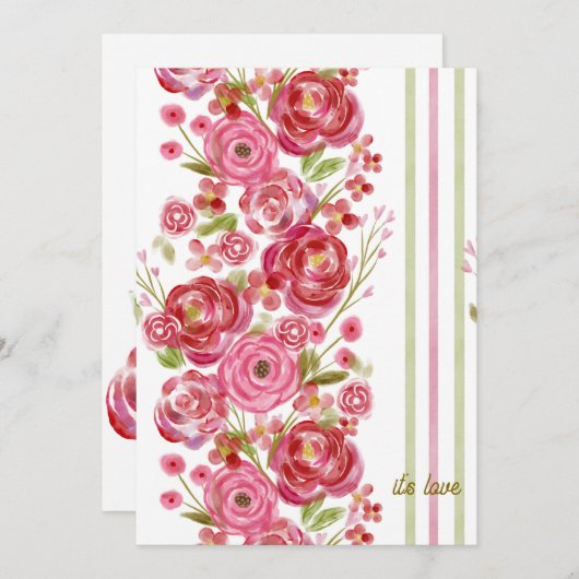 白地にローズ & ヴィンテージ フラワーズとクラシック ストライプ シーズンカード (正面/裏面)