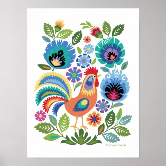 白地にワチナンキの雄鶏と花 (Wycinanki Rooster & Flowers on Whit ポスター (正面)