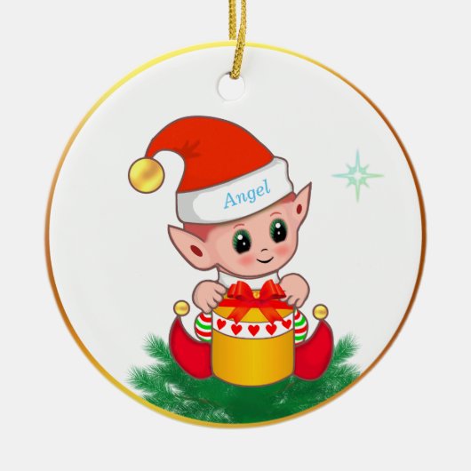 白地に可愛いクリスマスエルフと星 セラミックオーナメント (正面)