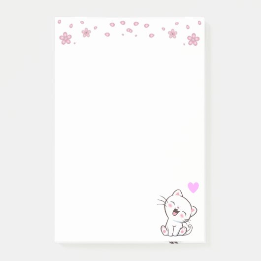 白地に可愛い猫と花 ポストイット (正面)