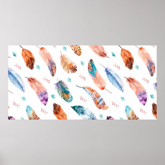 白地に手描きの羽を継ぎ目のない模様 ポスター (正面)