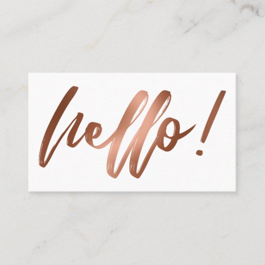 白地に手書き風のスモースカッパーグラデーションで書かれたHello 名刺 (正面)