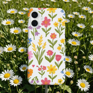 白地に描かれたワイルドフラワーの花のカラフルなくるくるドゥードゥル iPhone 16 PLUSケース
