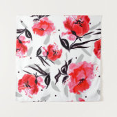 白地に灰色のの赤ポピストライプー。 タペストリー (正面(横))