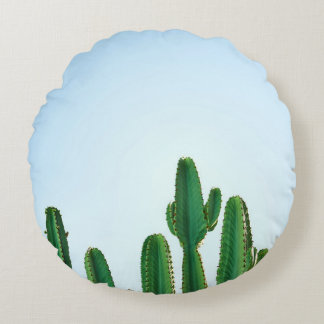 白地に緑のサボテンの植物 ラウンドクッション