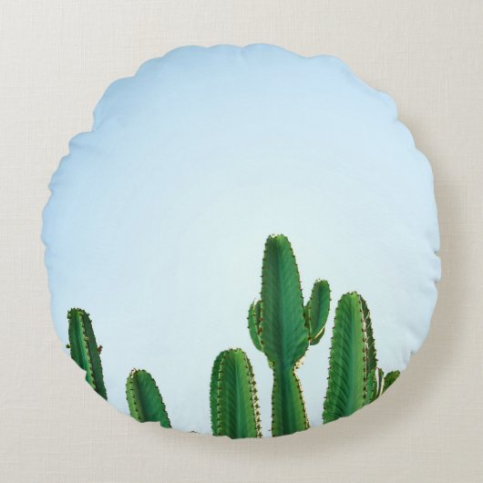 白地に緑のサボテンの植物 ラウンドクッション (正面)