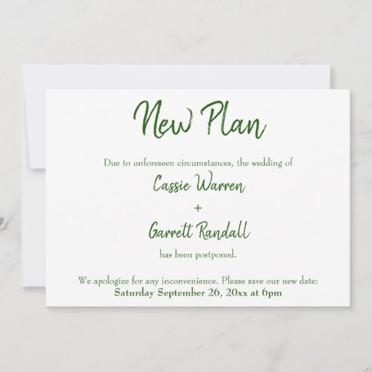 白地に緑の新しい結婚式日程のお知らせ 招待状 (正面)