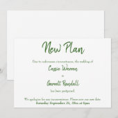 白地に緑の新しい結婚式日程のお知らせ 招待状 (正面/裏面)