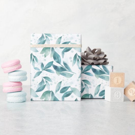 白地に緑の水彩の葉 ラッピングペーパー (ベビーシャワー)