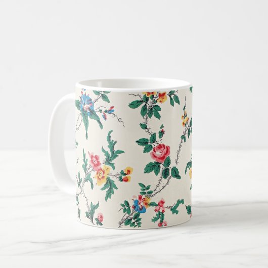 白地に色とりどりの花柄 コーヒーマグカップ (正面左)