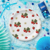 白地に花の咲くイチゴの紙皿 ペーパープレート (パーティー)