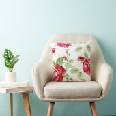 白地に赤いバラのプリントのスロー枕 クッション (椅子)