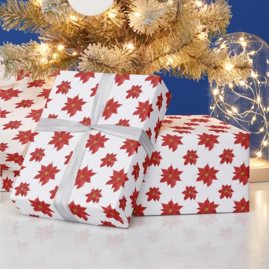 白地に赤いポインセチア ラッピングペーパー (クリスマス)