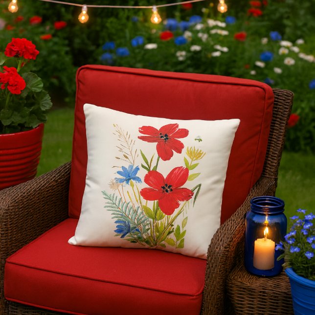 白地に赤と青の花の水彩画 アウトドアクッション (festive summer patio mockup featuring the red poppy pillow and it’s bursting with charm.)