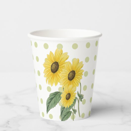 白地に軽やかなグリーンの水玉とひまわりのカスタムP 紙コップ (正面)