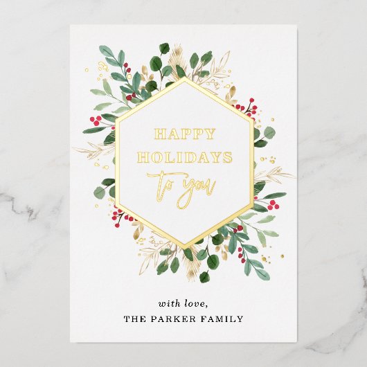 白地に金箔の緑飾り | ハッピー ホリデーズ ゴールド 箔シーズンカード (正面)