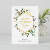 白地に金箔の緑飾り | ハッピー ホリデーズ ゴールド 箔シーズンカード (立ち正面)