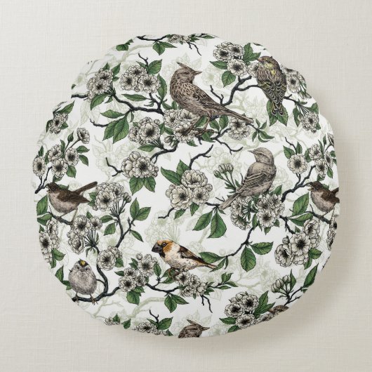 白地に鳥と桜 ラウンドクッション (正面)