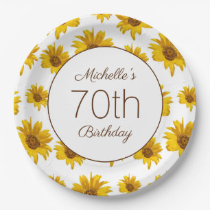 白地に黄色いひまわりの70歳の誕生日 ペーパープレート