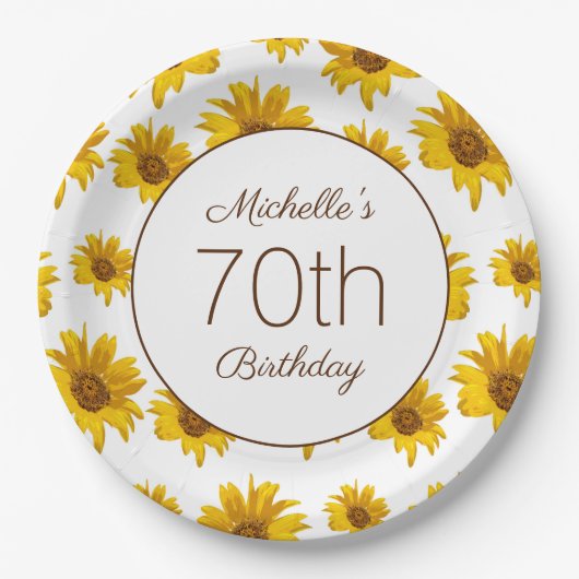 白地に黄色いひまわりの70歳の誕生日 ペーパープレート (正面)