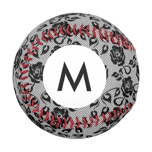 白地に黒いモノグラムのレース模様 野球ボール (正面左)