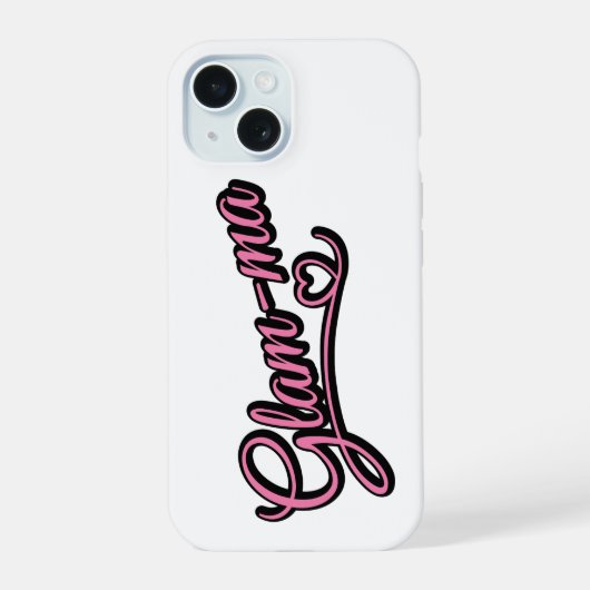 白地に黒とピンクのGlamma iPhone 15ケース (裏面)