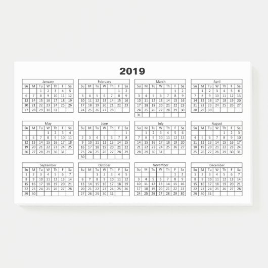 白地に黒の2019年カレンダー ポストイット (正面)