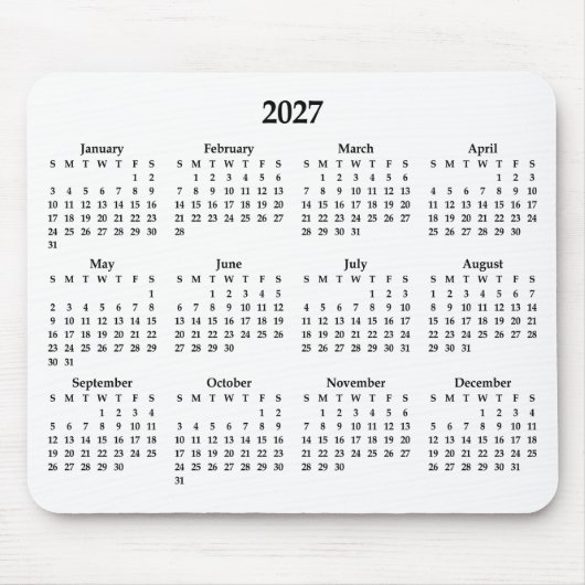白地に黒の2027年カレンダー マウスパッド (正面)
