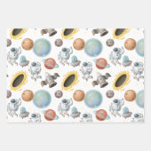 白地の宇宙飛行士、ロケット、惑星 ラッピングペーパーシート (正面)