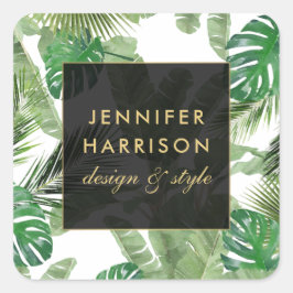 白地の水彩トロピカルリーフパターン スクエアシール