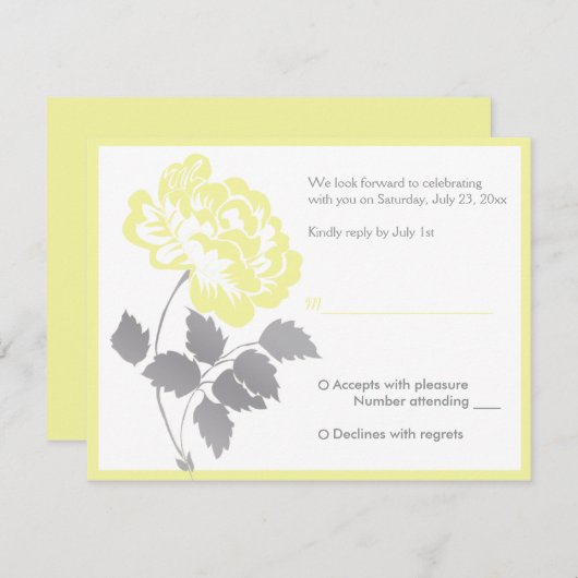 白地への黄色の牡丹の返信カード 出欠カード (正面/裏面)