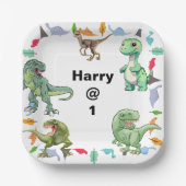 白地恐竜の誕生日パーティー ペーパープレート (正面)