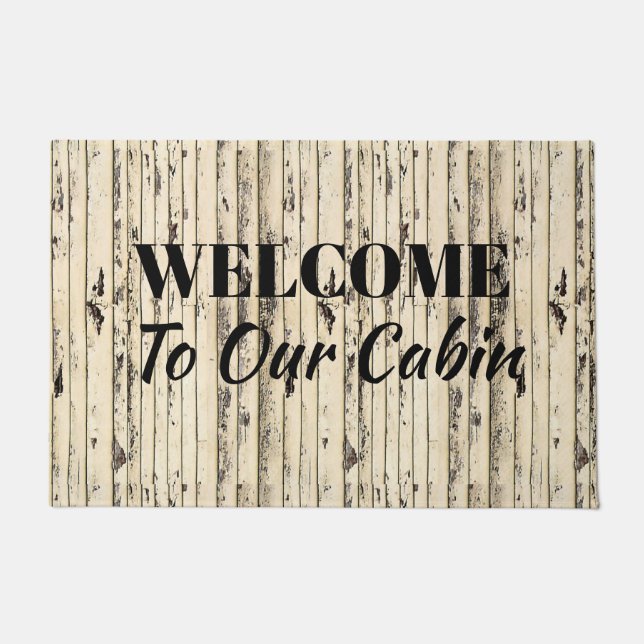 白塗りの木材は我々のキャビンにようこそ ドアマット (正面)